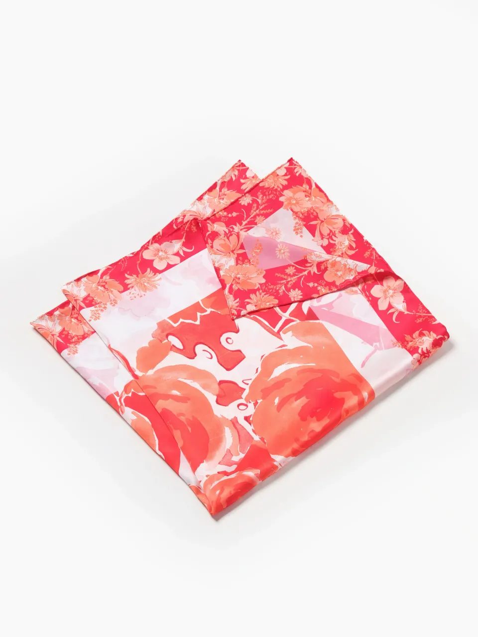 Spring Rose Garden Silk Scarf-Blue/Pink/Red — folded scarf