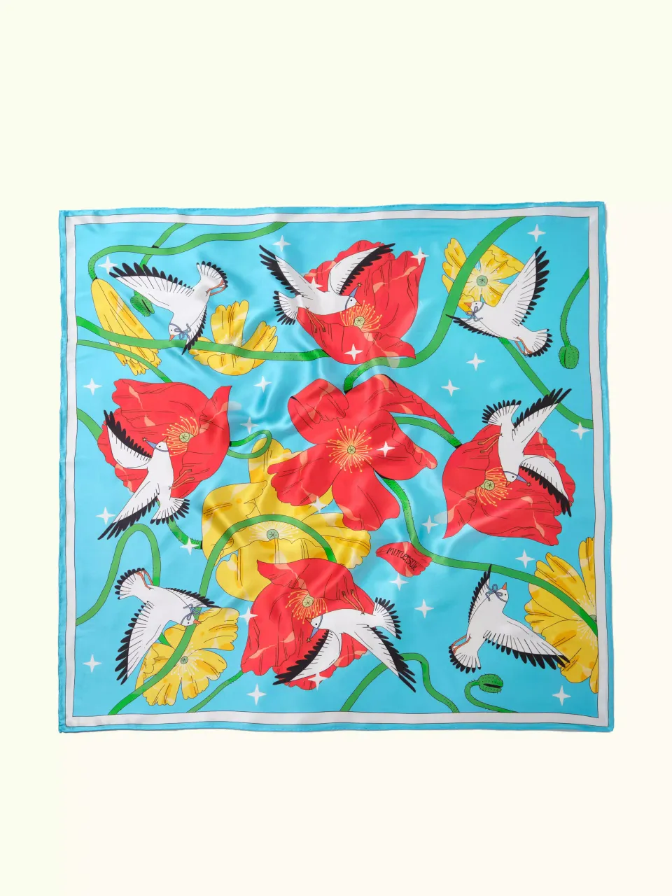 Bird and Poppy Silk Scarf-Turquoise/Red — full scarf pattern