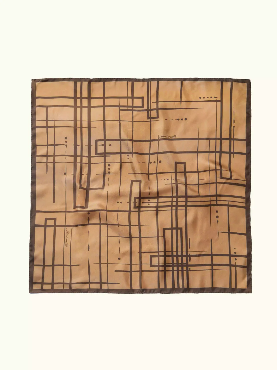 Jiangnan Rain Grid Silk Scarf-Camel/Cream/Navy/Red in Camel Brown — full scarf pattern