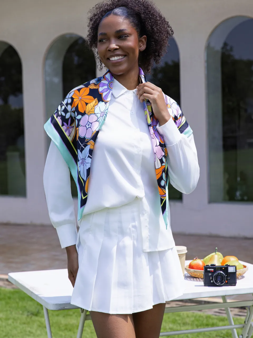 Allover Floral Silk Scarf-Aqua/Lavender/Orange/Yellow in Aqua/Black — draped over the shoulders