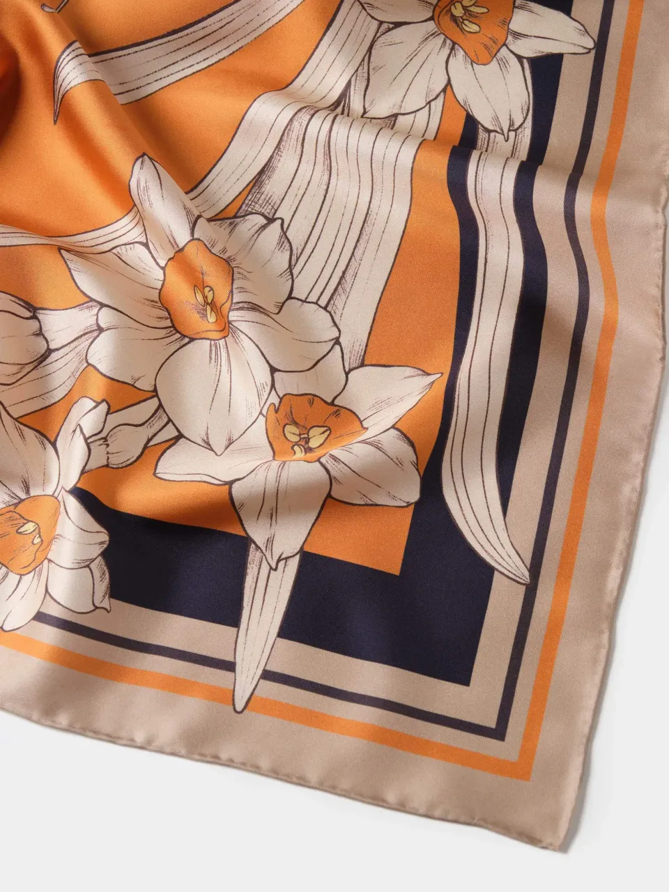 Narcissus & Swallows Silk Scarf-Orange/Navy — fabric and print detail
