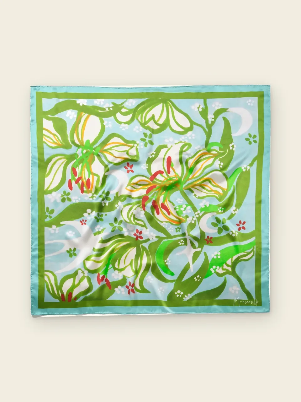 Moonlit Lily Silk Scarf-Green/Aqua, on an oat backdrop