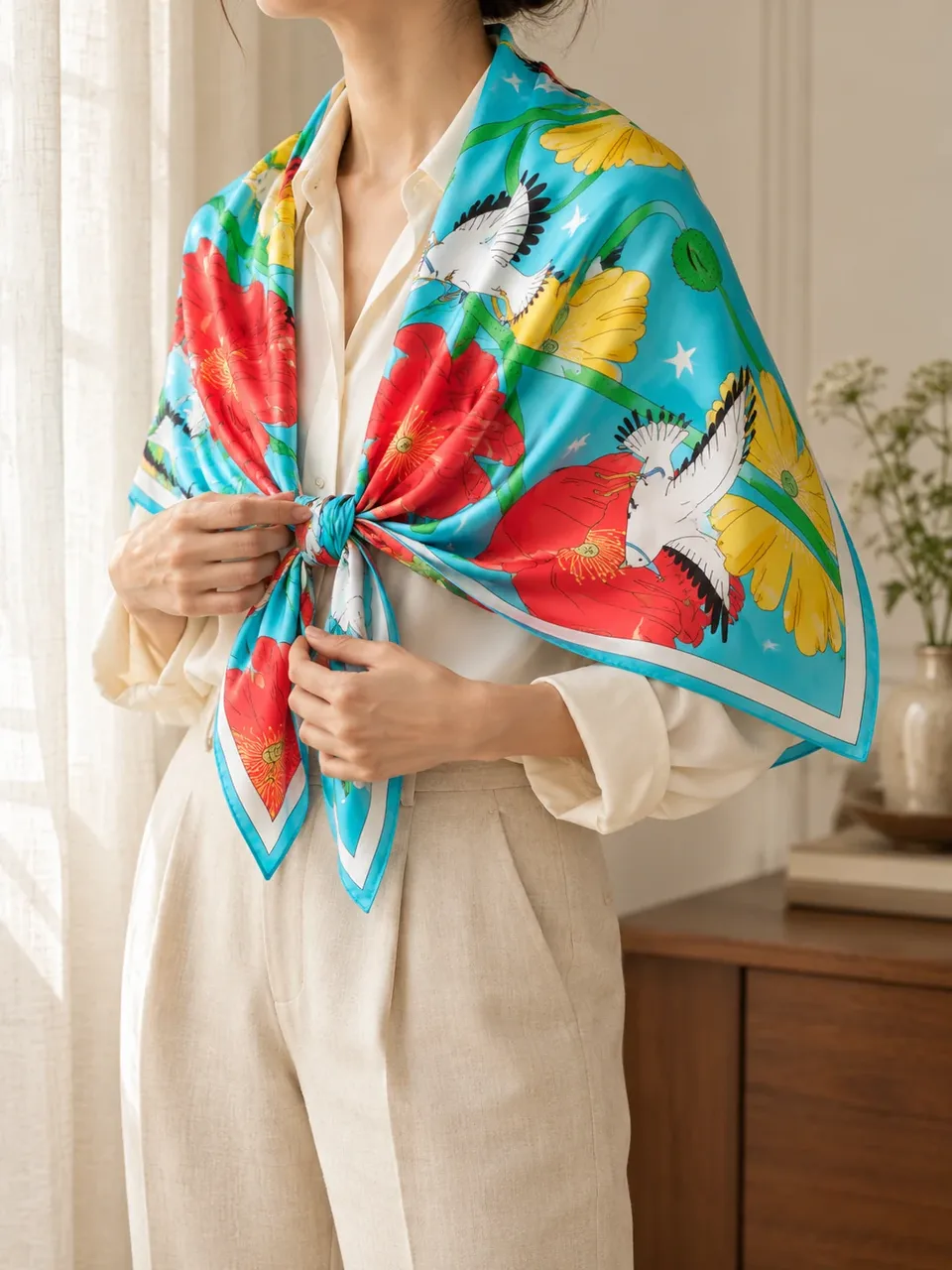 A woman in a cream shirt with a turquoise and red printed silk square draped over her shoulders