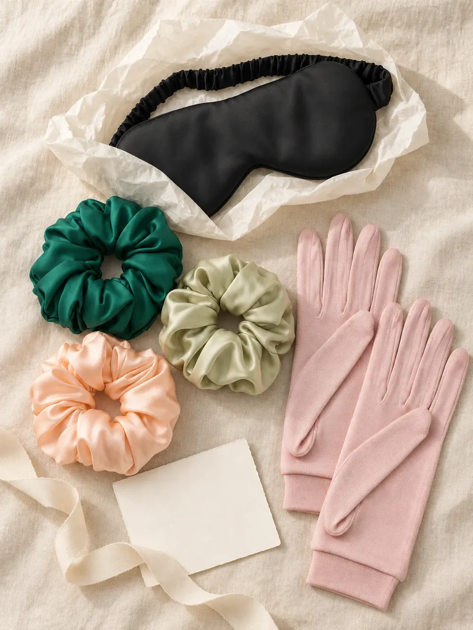 A silk sleep mask, three silk scrunchies and blush knit silk gloves wrapped in tissue on linen