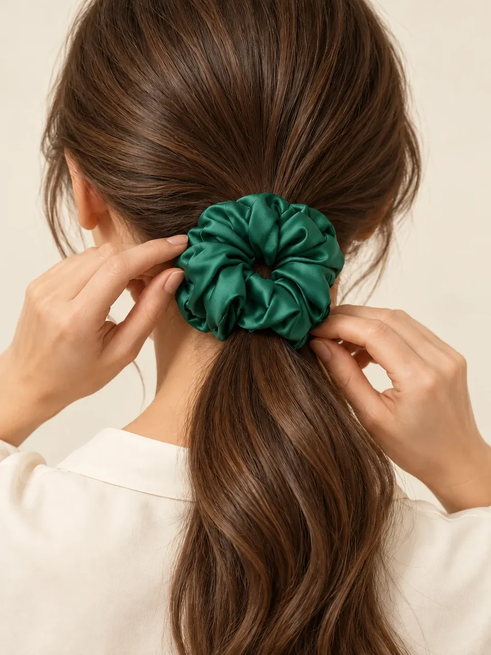 A woman tying a low ponytail with an emerald silk scrunchie