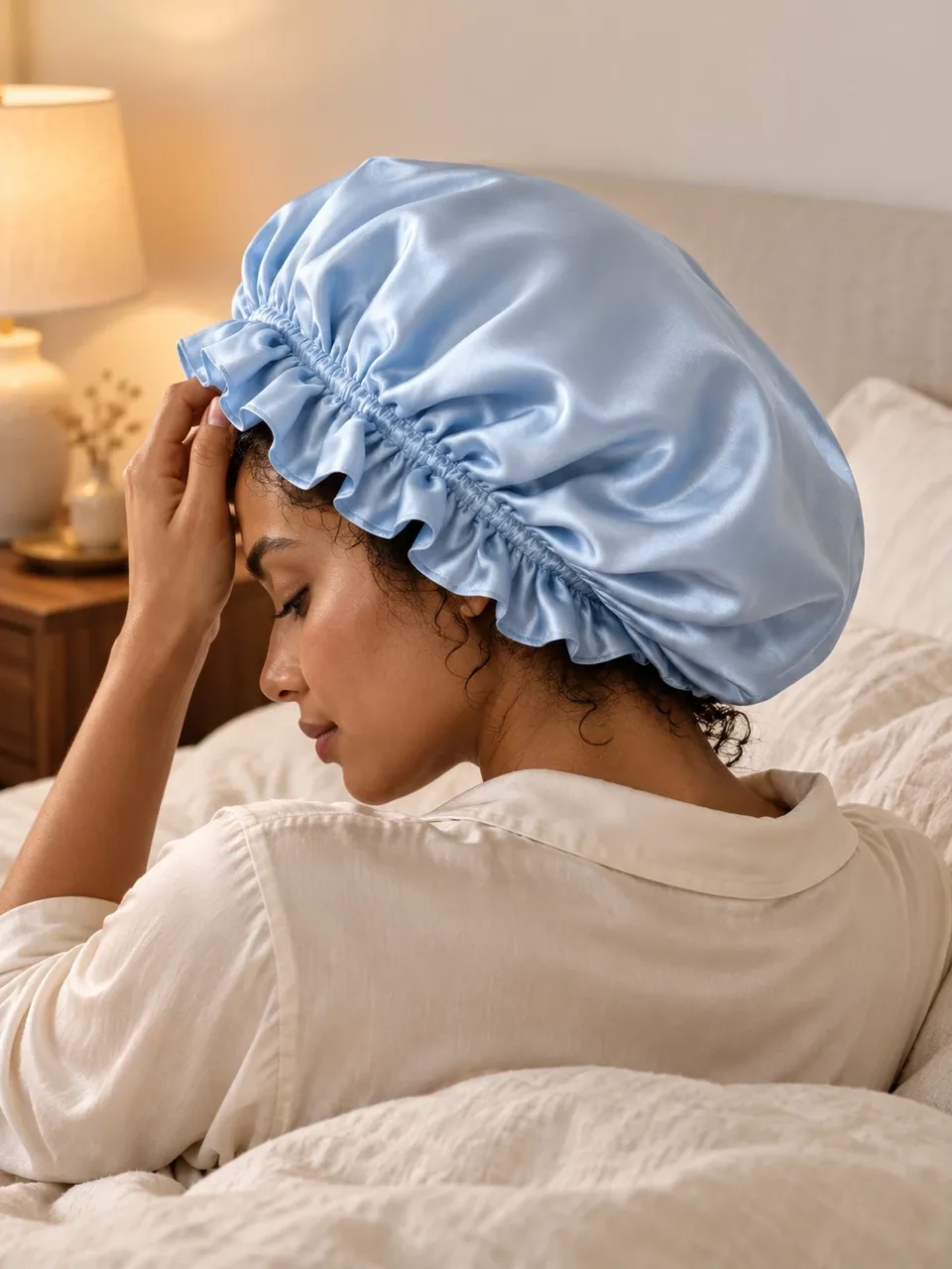 Double-Layer Silk Sleep Bonnet, Hair Cover, worn or in use
