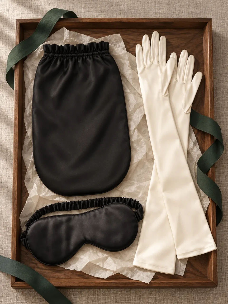 A black silk sleep bonnet, a black silk sleep mask and ivory silk gloves on a walnut tray