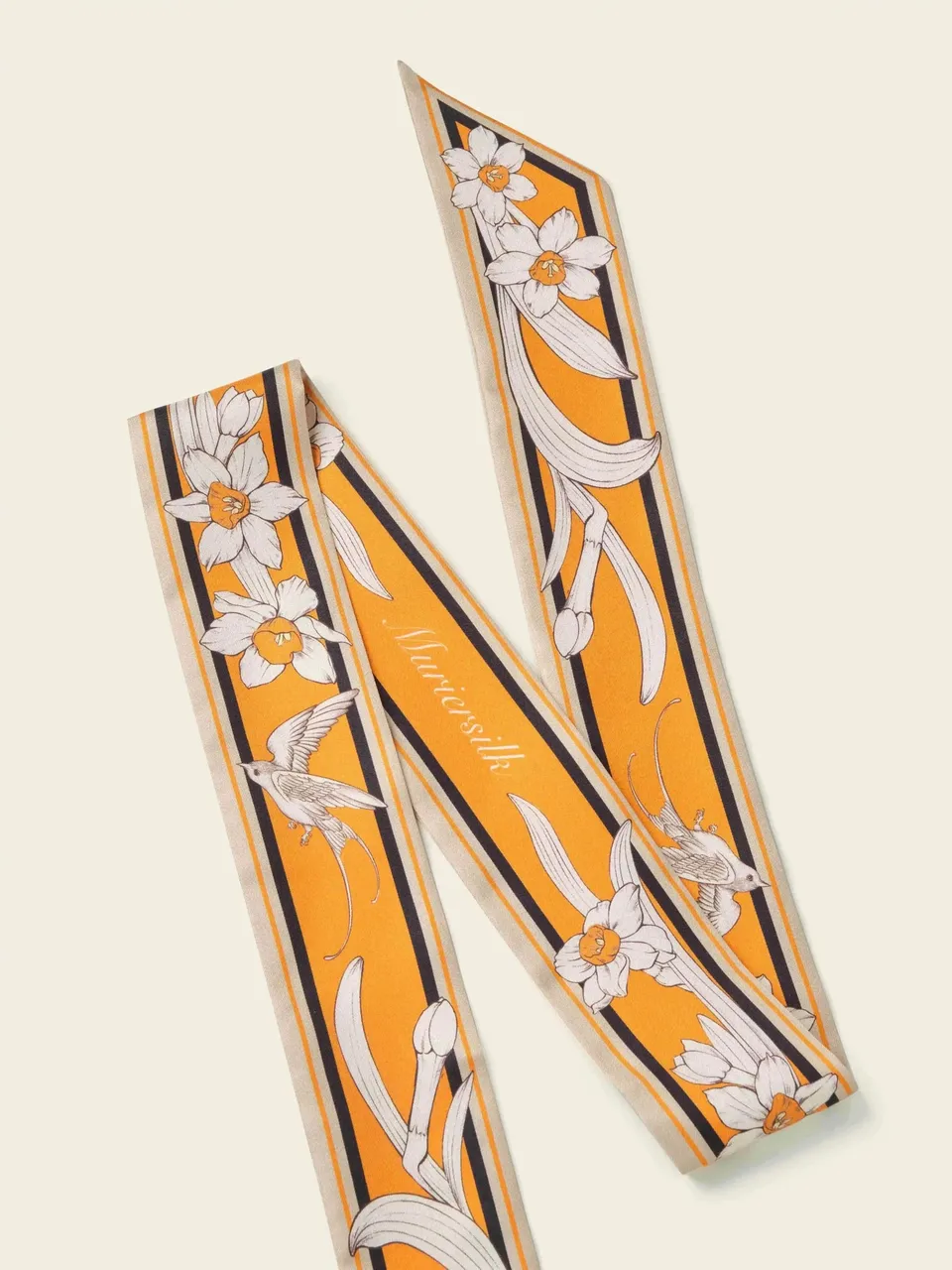 Twill Silk Skinny Scarf Ribbon, Floral Hair Tie & Bag Accessory, on an oat backdrop