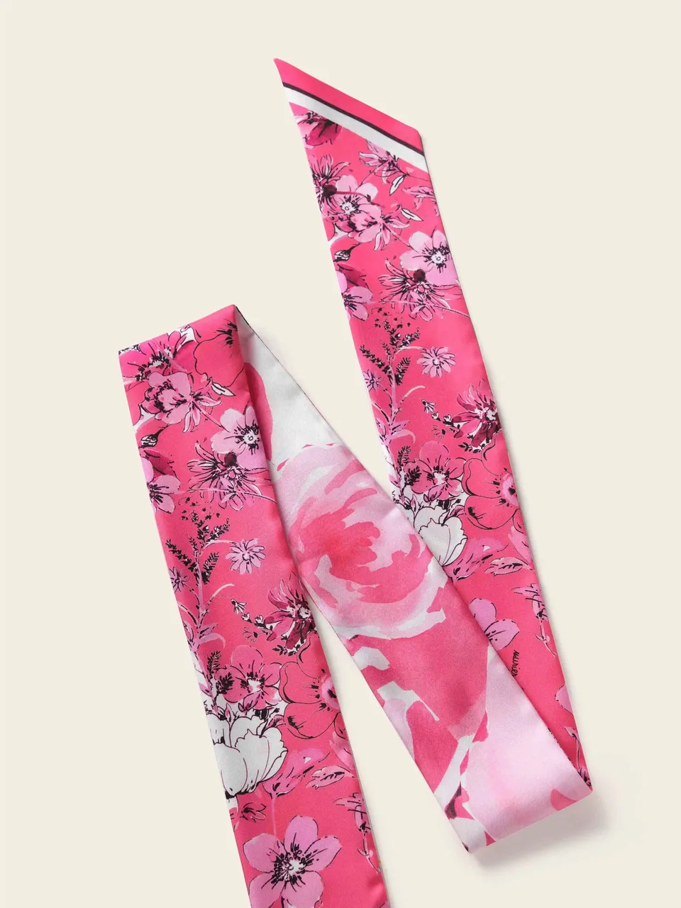 Floral Twill Silk Scarf Ribbon, Neck Tie & Bag Handle Scarf, on an oat backdrop