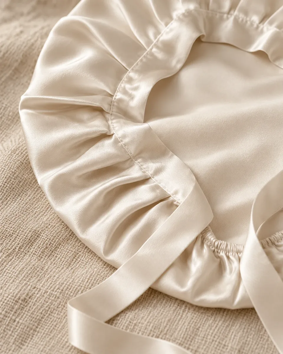 The stitched double-layer edge of an ivory silk sleep bonnet on linen