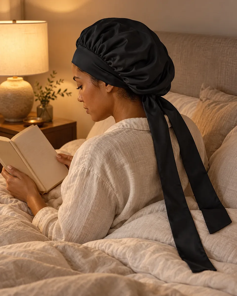 A woman with curly hair in a black silk bonnet reading in bed by lamplight