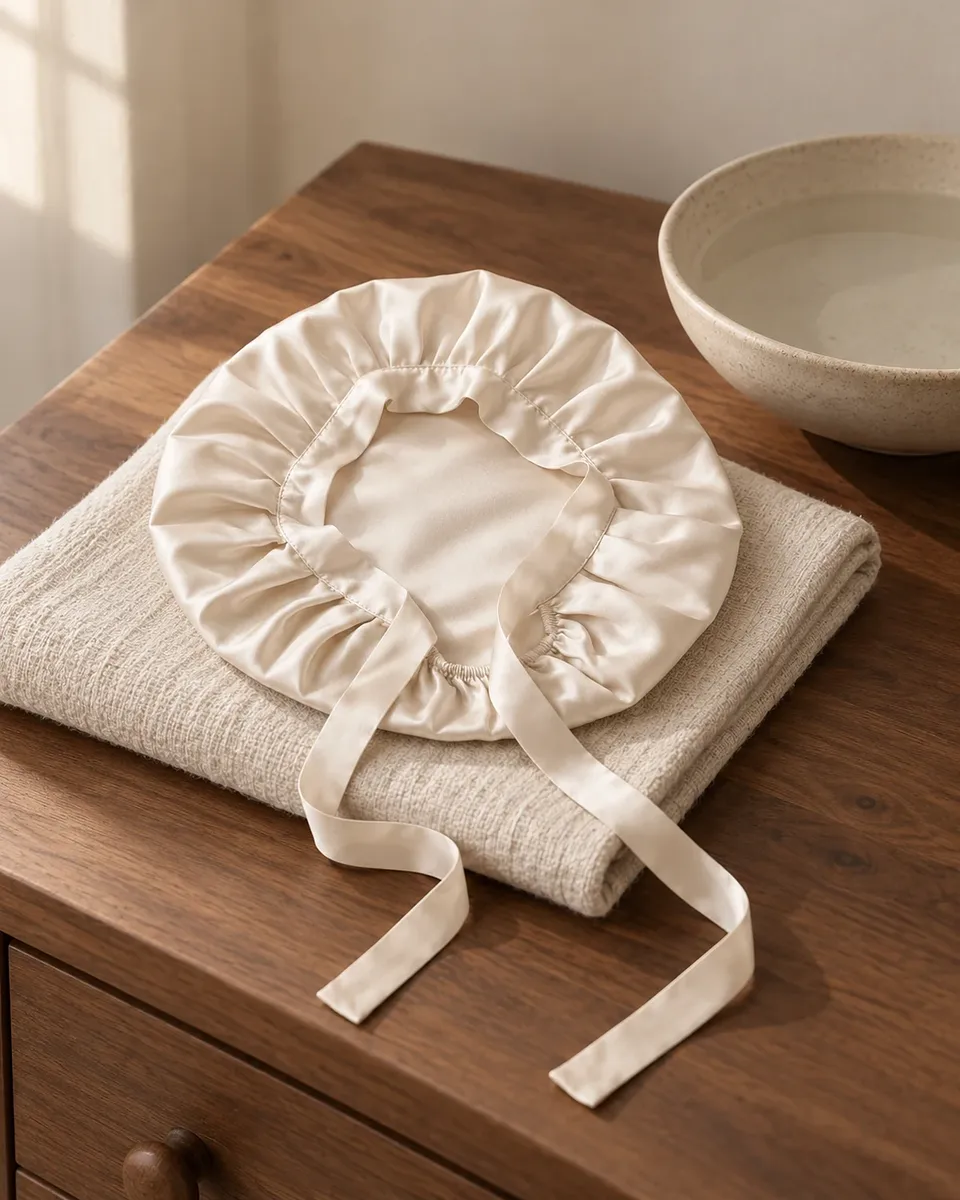 An ivory silk bonnet folded on a linen towel beside a bowl of water