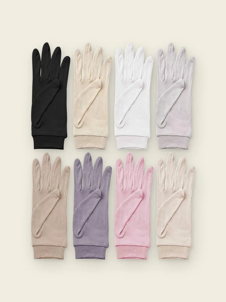 22 Momme Mulberry Silk Knit Gloves, on an oat backdrop
