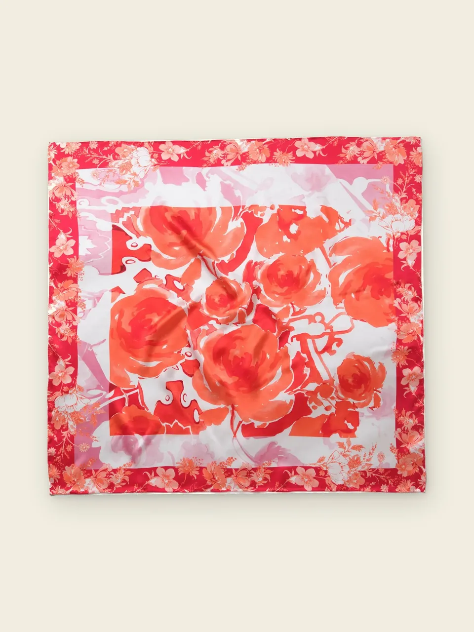 Spring Rose Garden Silk Scarf-Blue/Pink/Red, on an oat backdrop