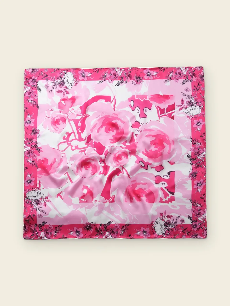 Spring Rose Garden Silk Scarf-Blue/Pink/Red, on an oat backdrop