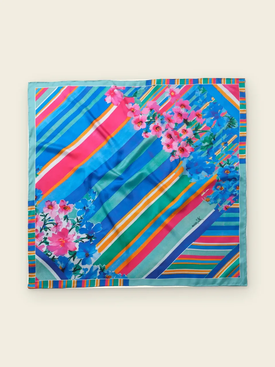 Stripes & Bouquets Silk Scarf-Turquoise/Gray, on an oat backdrop