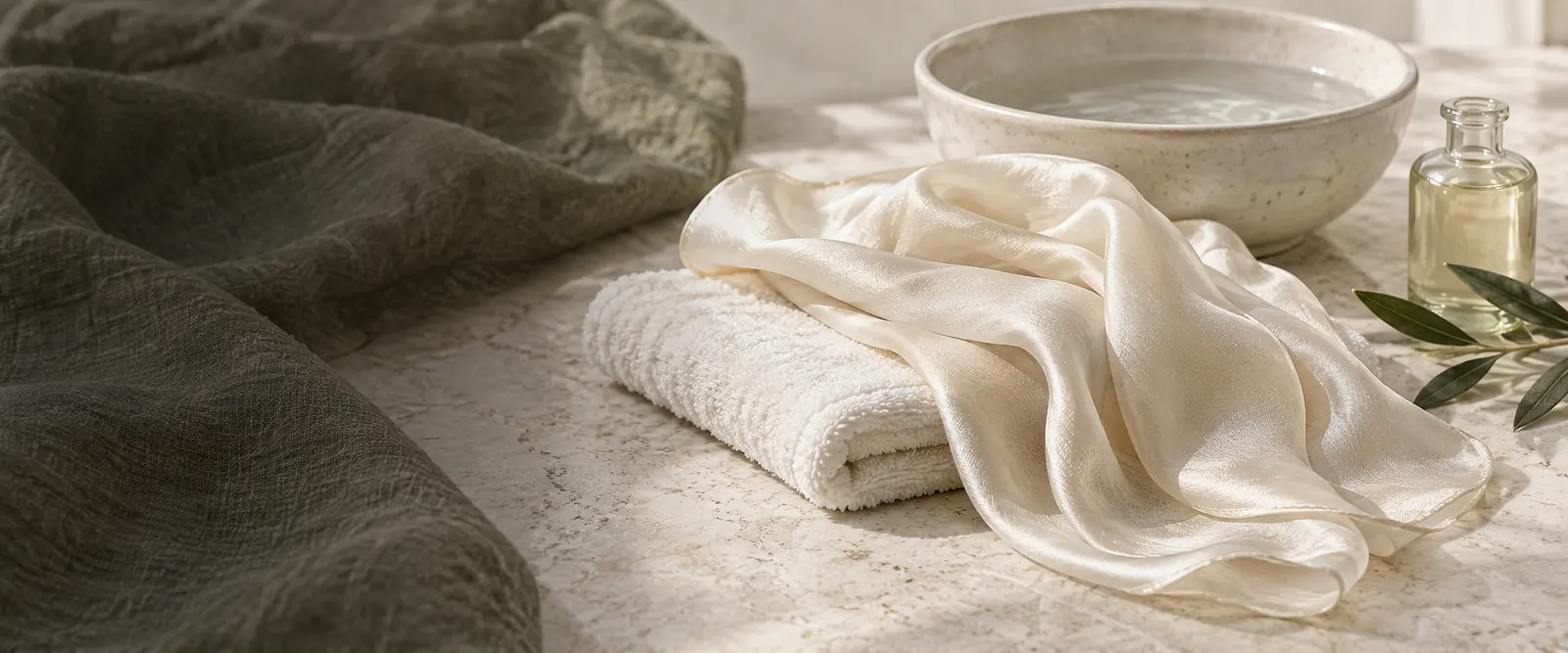 Folded silk beside a wash bowl and cotton towel