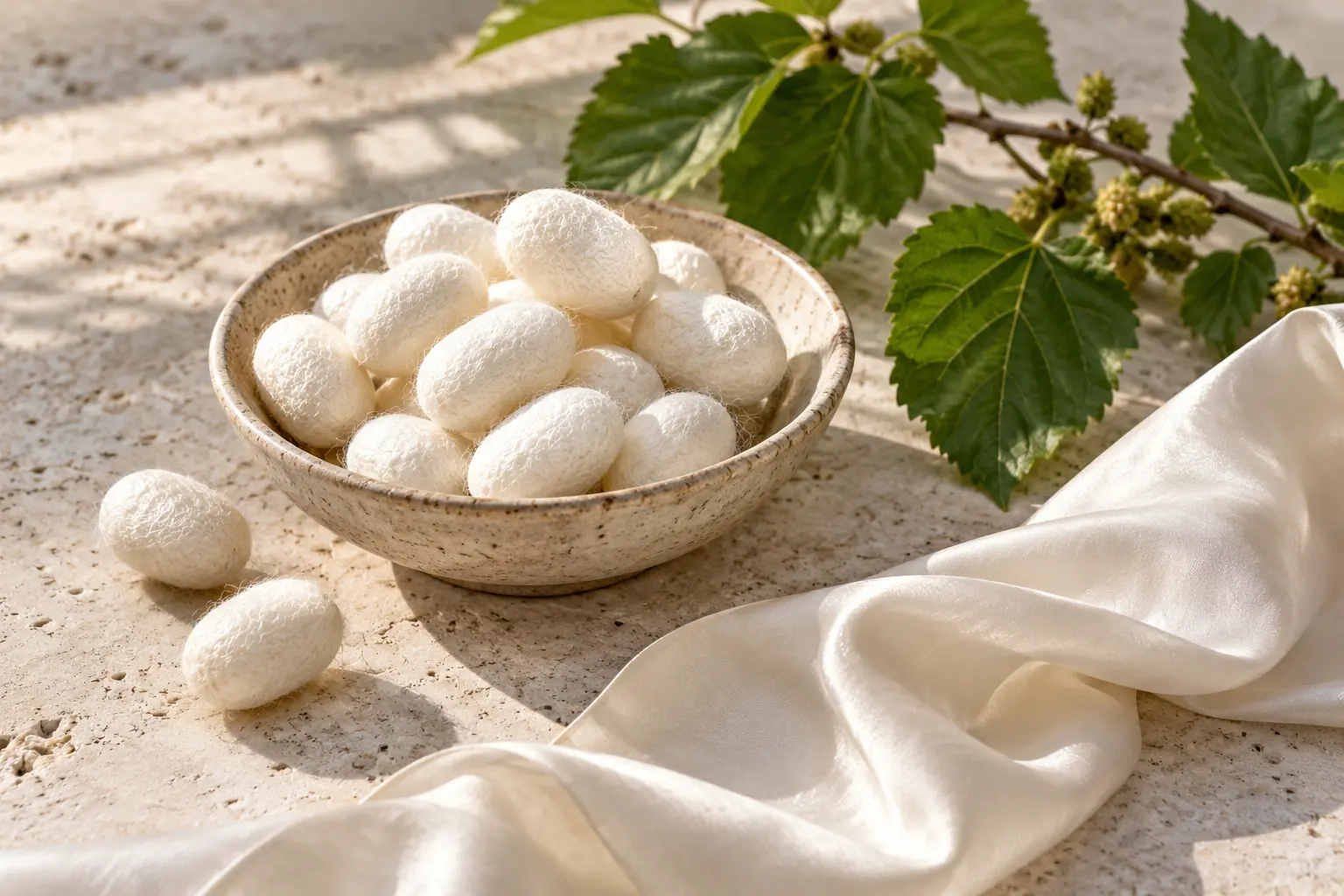 Silk cocoons, mulberry leaves and ivory fabric
