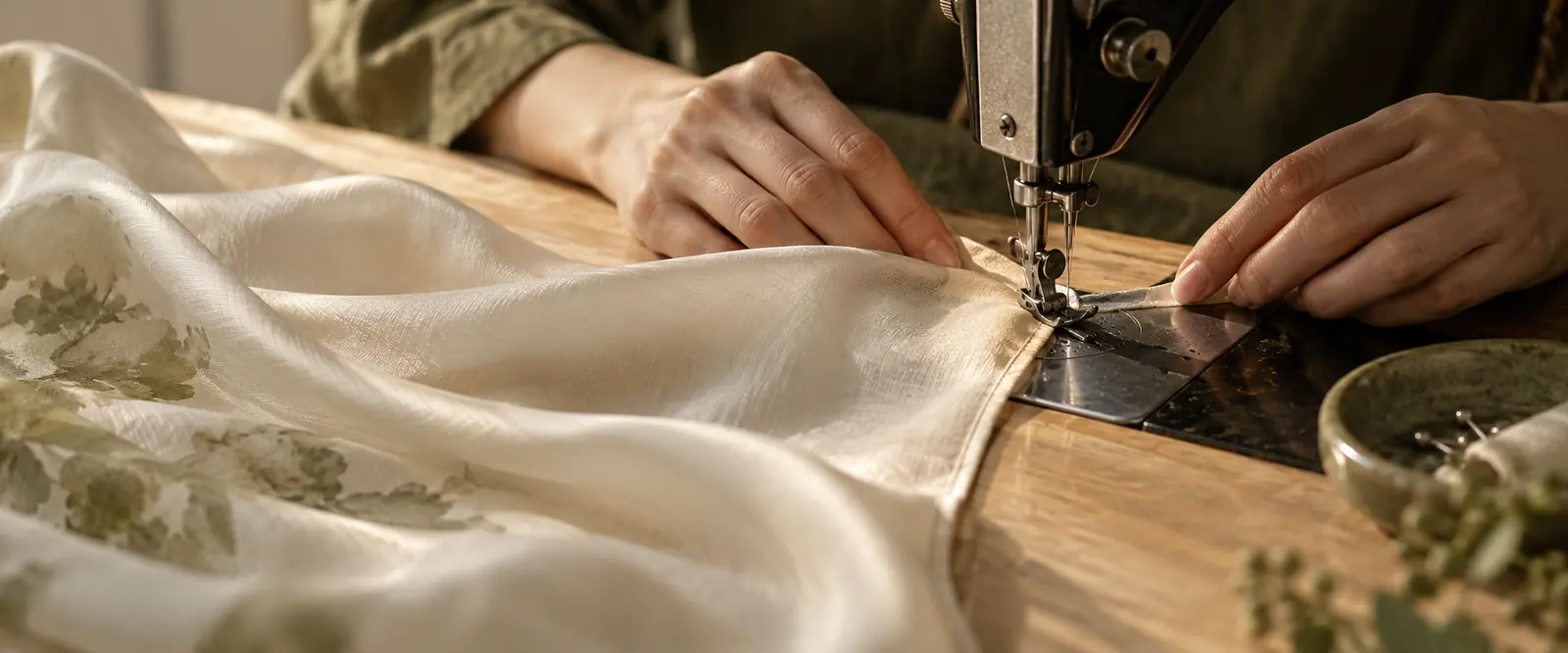 Hands carefully finishing the edge of silk fabric