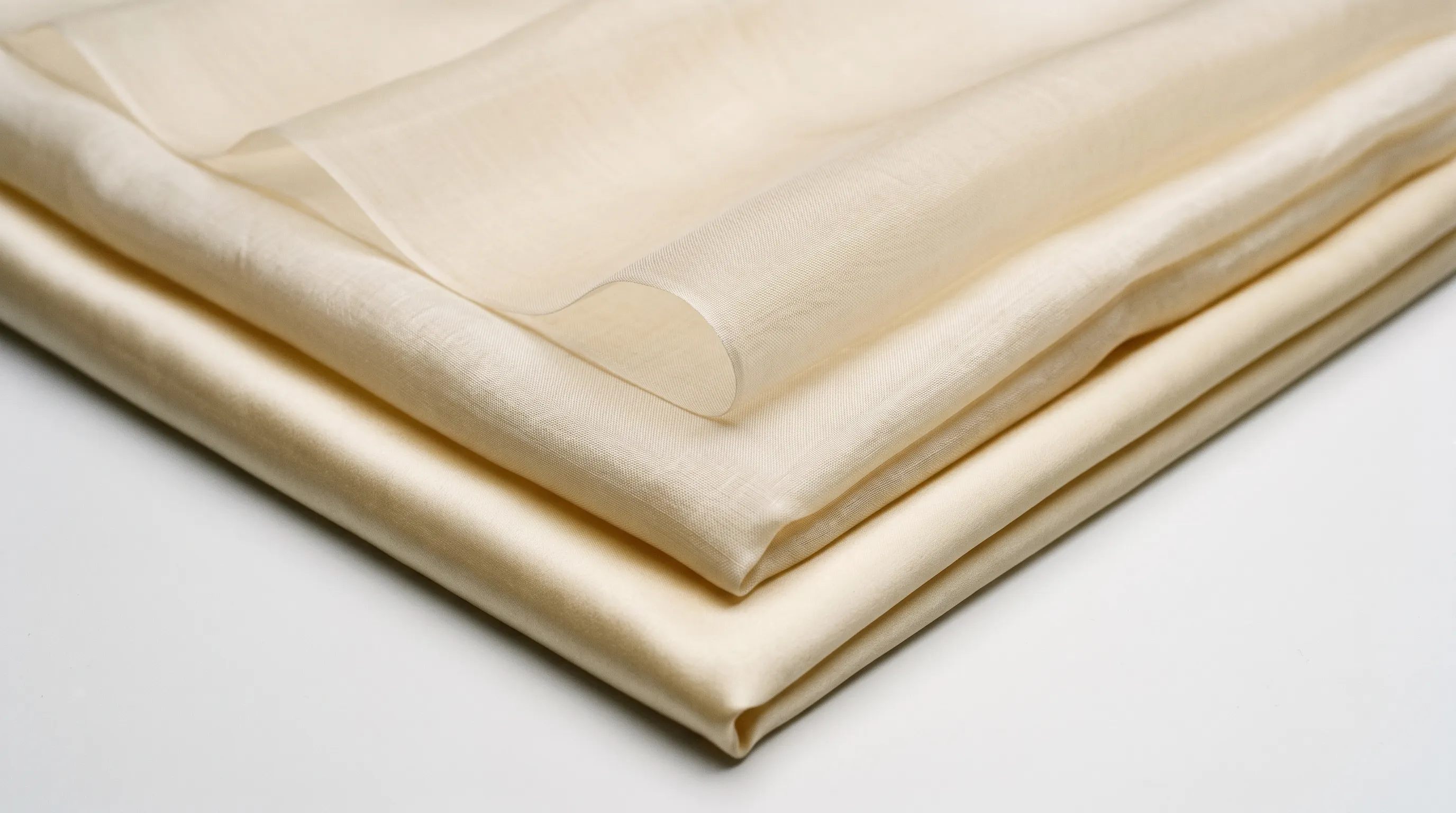 Layers of mulberry silk fabric showing different momme weight thicknesses from sheer to opaque