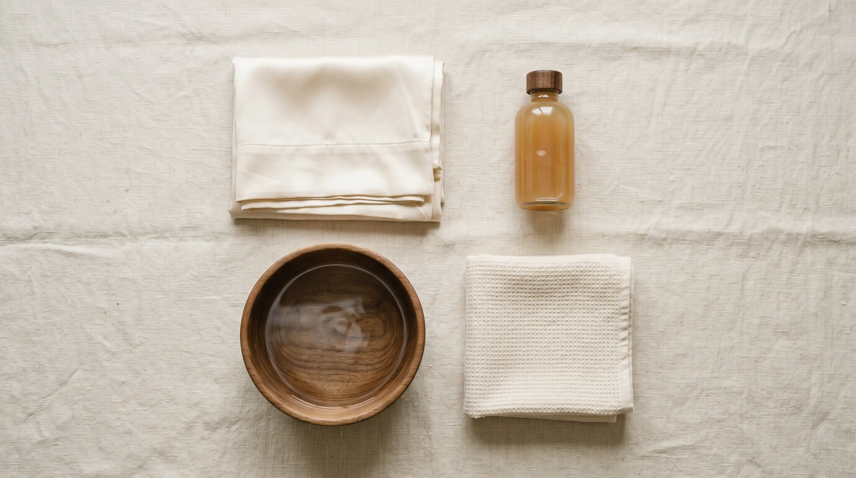 Silk care essentials flat lay with folded silk pillowcase gentle cleanser and washing bowl