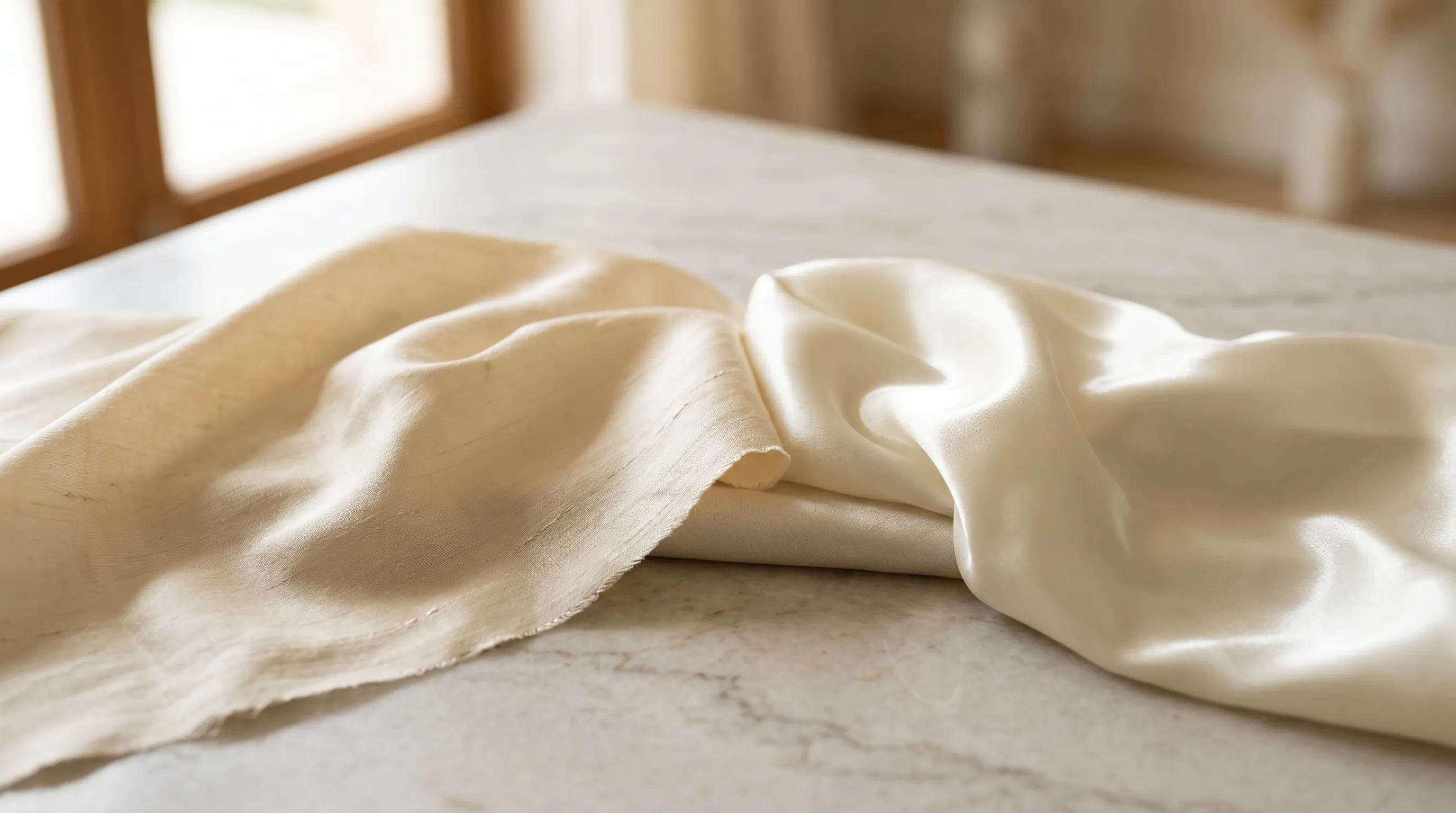 Side-by-side comparison of natural mulberry silk and synthetic satin fabric textures