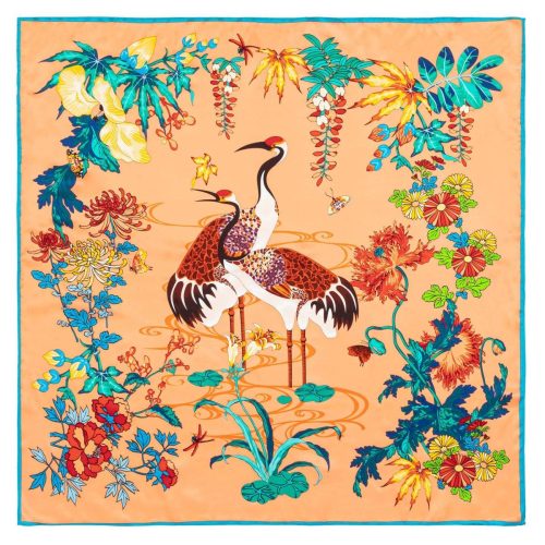Square Silk Scarf Double Crane in Flower