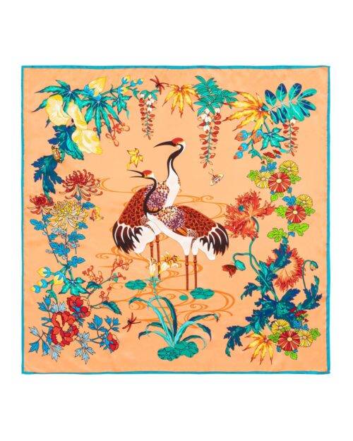 Square Silk Scarf Double Crane in Flower
