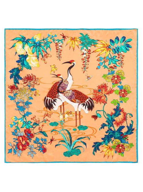 Square Silk Scarf Double Crane in Flower