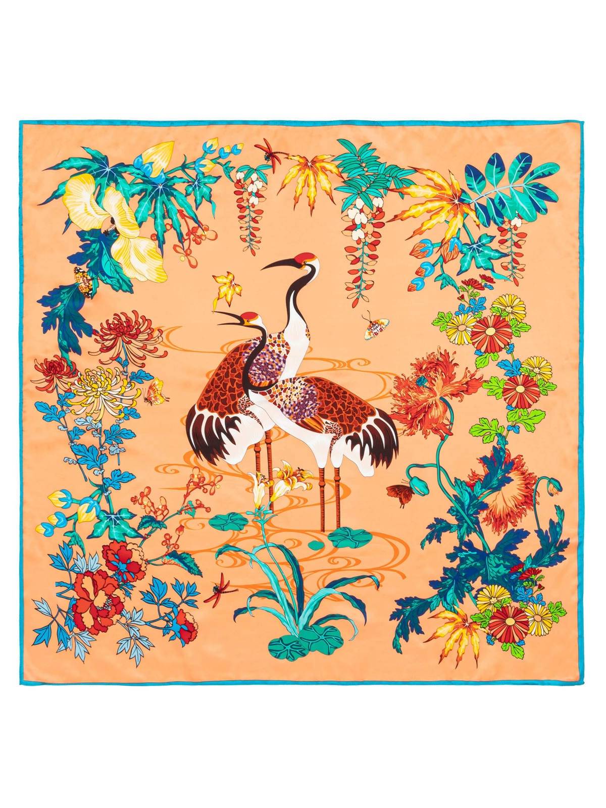 Square Silk Scarf Double Crane in Flower