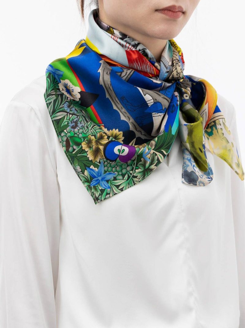 Flower Muse and World Atlas Square Silk Scarf