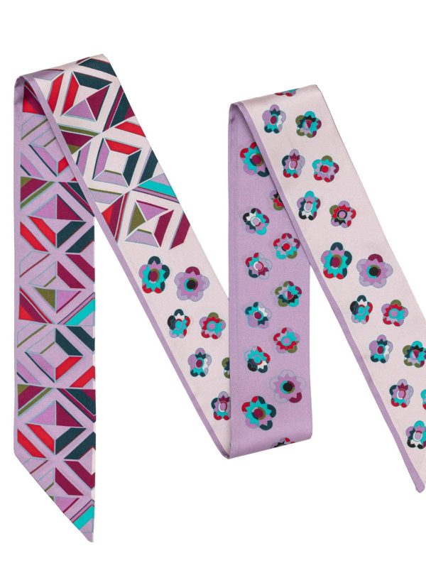 Little Plum Blossom and Geometric Plaid Twill Silk Ribbon Scarf