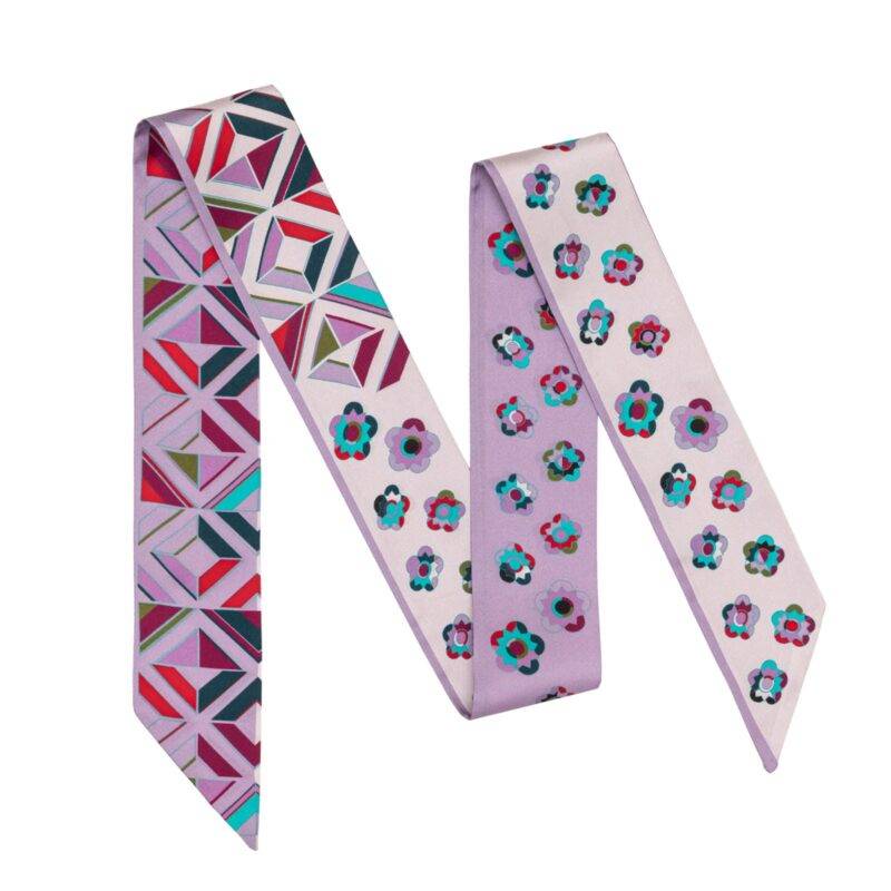 Little Plum Blossom and Geometric Plaid Twill Silk Ribbon Scarf