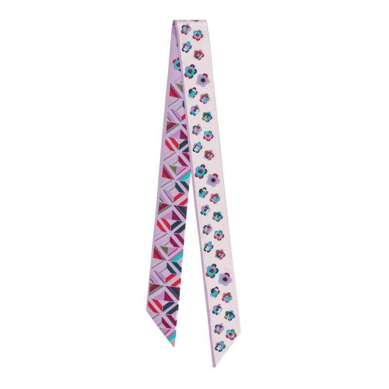 Little Plum Blossom and Geometric Plaid Twill Silk Ribbon Scarf