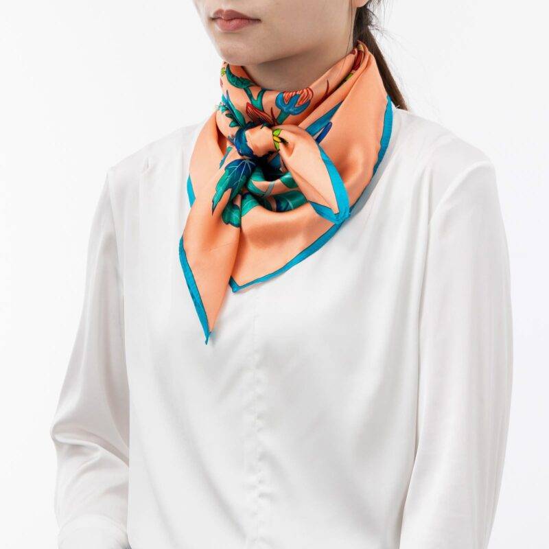 Square Silk Scarf Double Crane in Flower