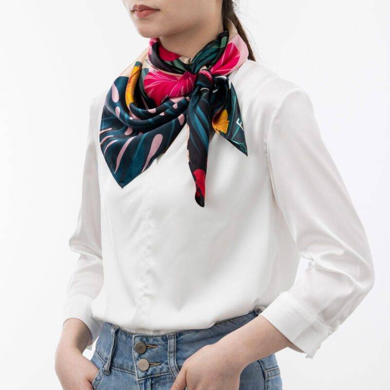 Women and Elephant in the Rainforest Square Silk Scarf