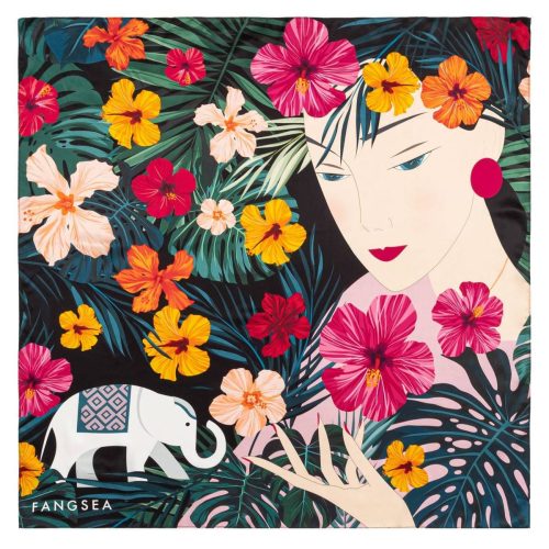 Women and Elephant in the Rainforest Square Silk Scarf