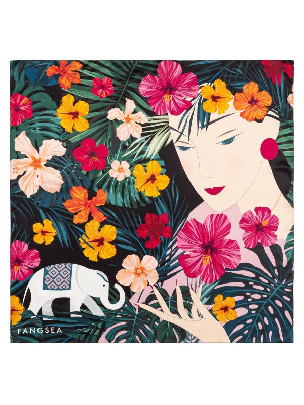 Women and Elephant in the Rainforest Square Silk Scarf