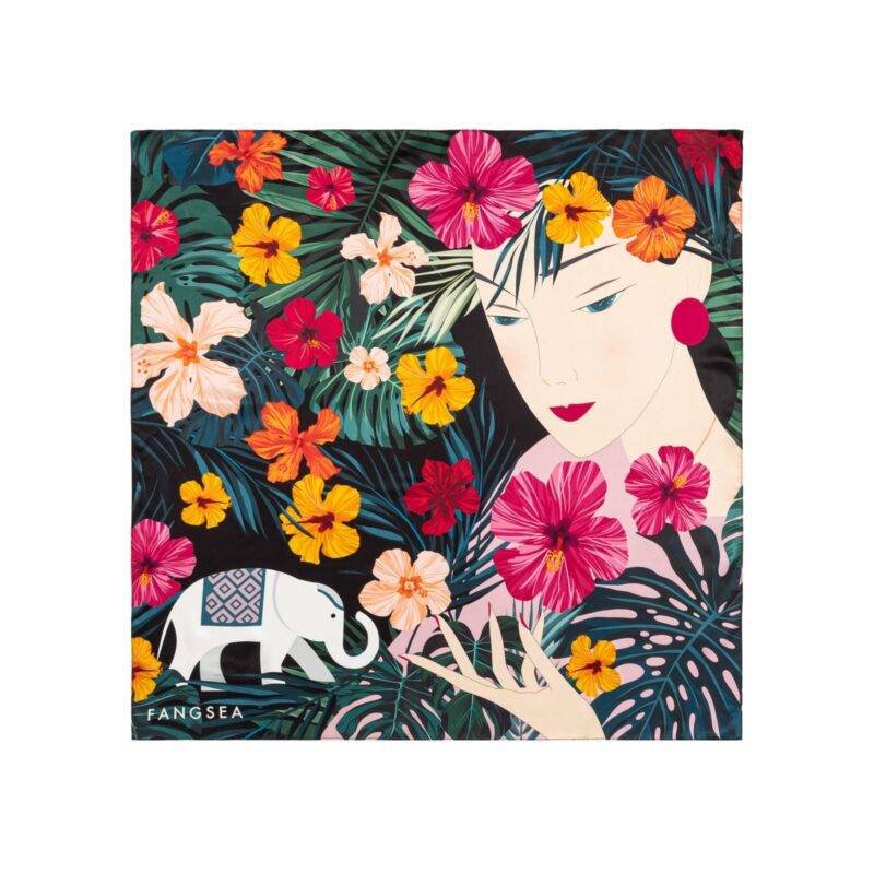 Women and Elephant in the Rainforest Square Silk Scarf