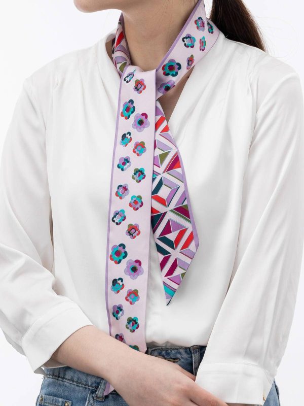 Little Plum Blossom and Geometric Plaid Twill Silk Ribbon Scarf