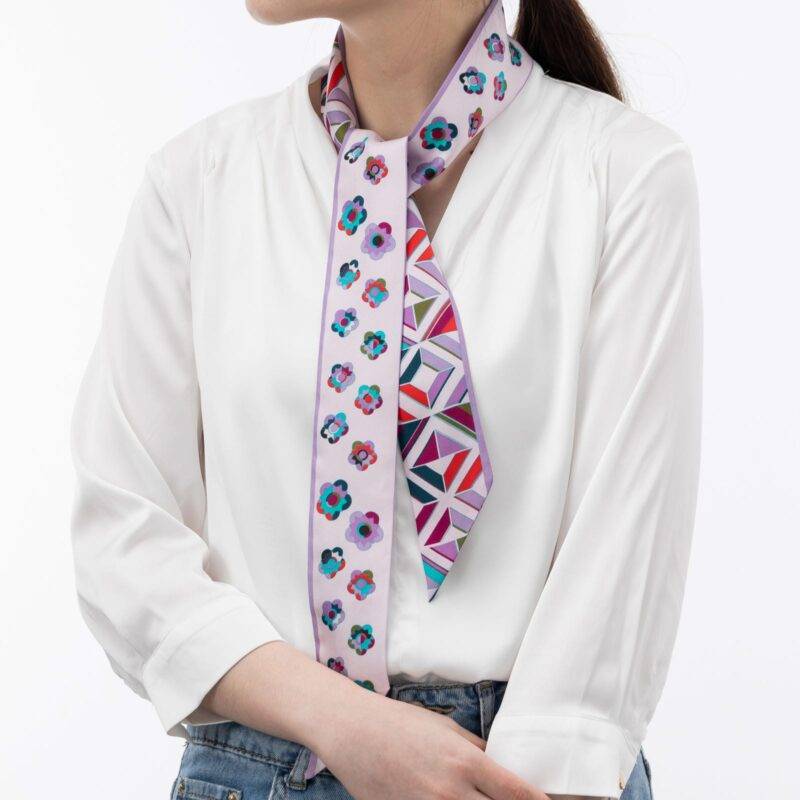 Little Plum Blossom and Geometric Plaid Twill Silk Ribbon Scarf
