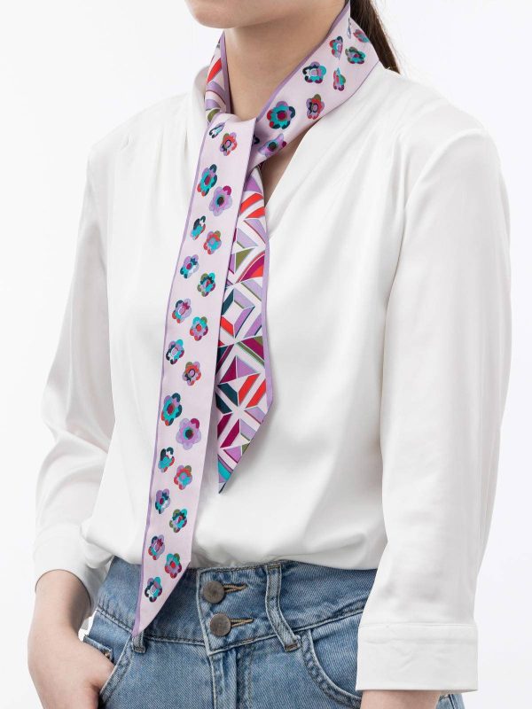 Little Plum Blossom and Geometric Plaid Twill Silk Ribbon Scarf
