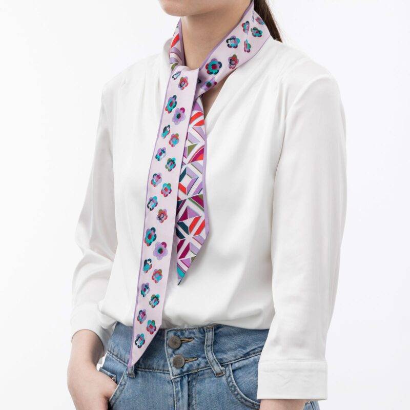Little Plum Blossom and Geometric Plaid Twill Silk Ribbon Scarf