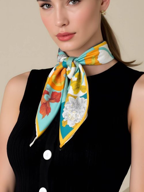 four color flower orange border square silk scarf