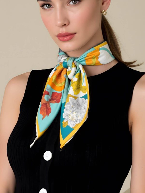 four color flower orange border square silk scarf