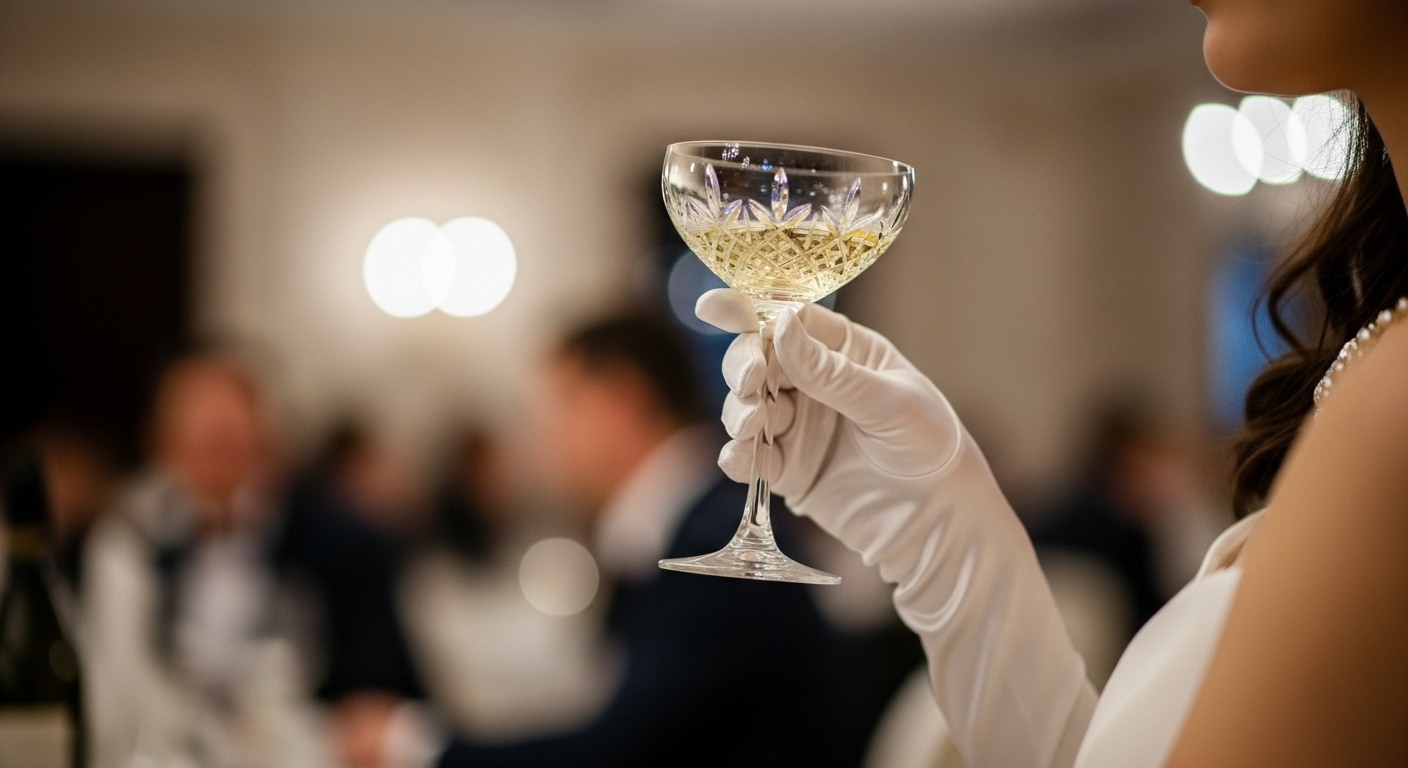 holding a glass with silk glove on