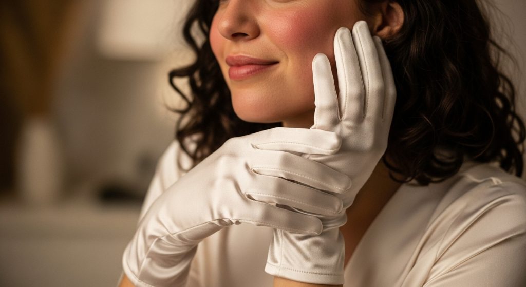 A woman wearing Muriersilk mulberry silk gloves for overnight hydration.
